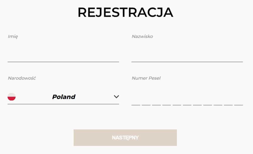 Rejestracja nowego gracza Noblebet