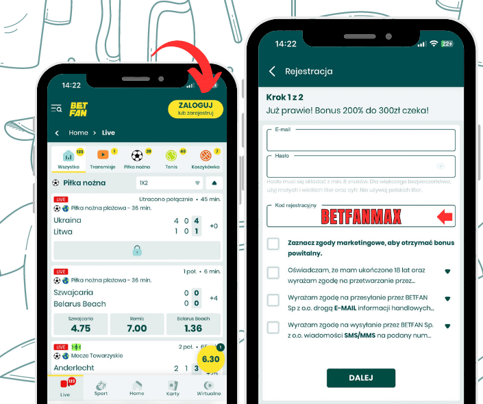 Rejestracja w aplikacji mobilnej Betfan