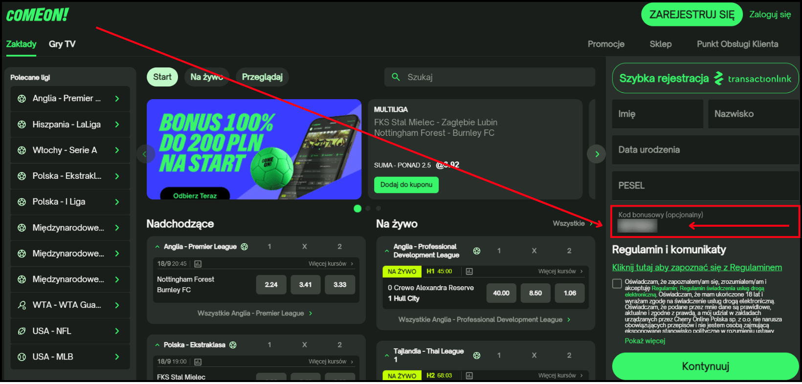 ComeOn rejestracja z kodem