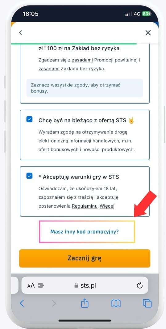 sts Rejestracja konta wpisania kodu