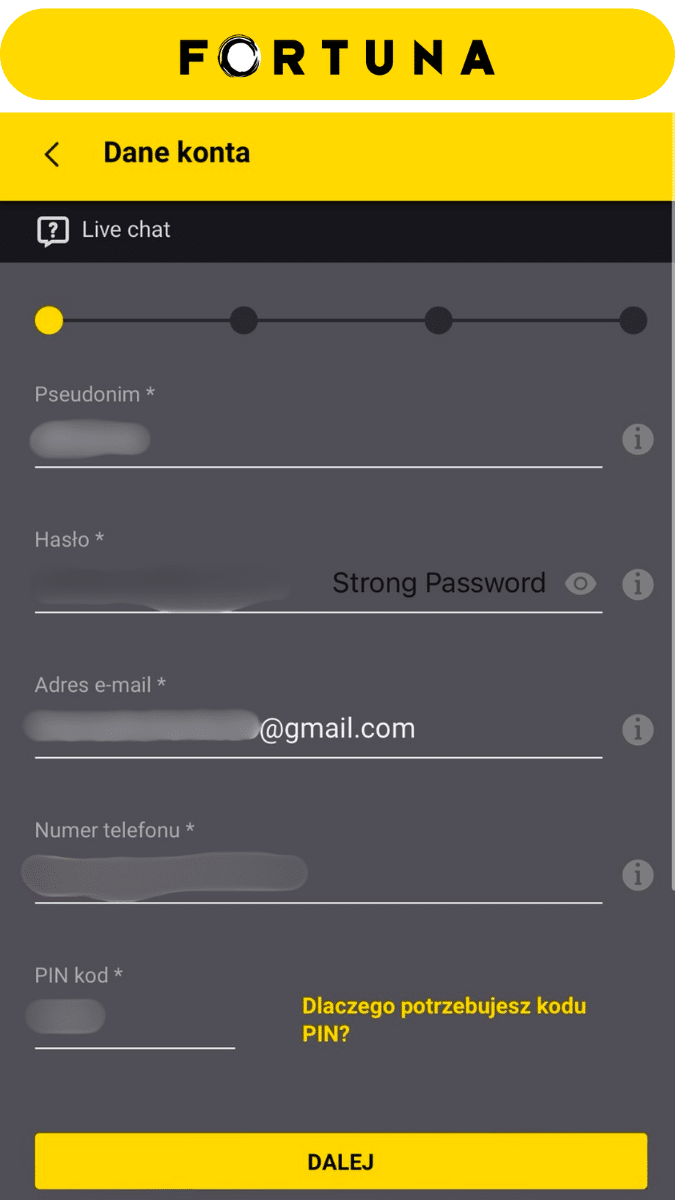 formularz rejestracyjny Fortuna