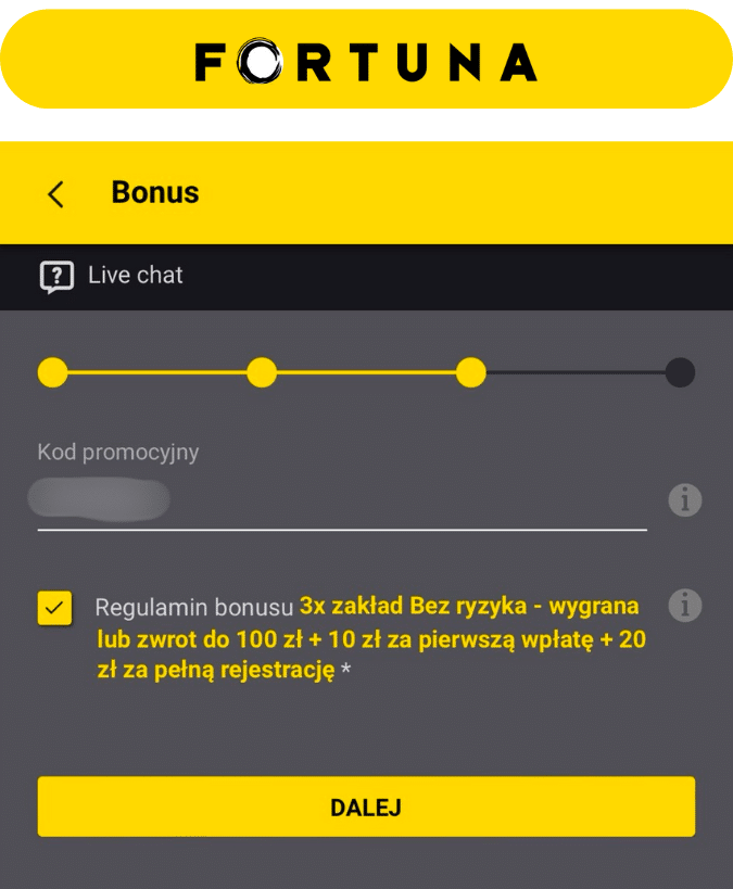 gdzie wprowadzić kod promocyjny Fortuna